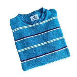 Vintage 1980s Woolrich 100% Cotton Teal Striped Creweck Sweater, Made in USA